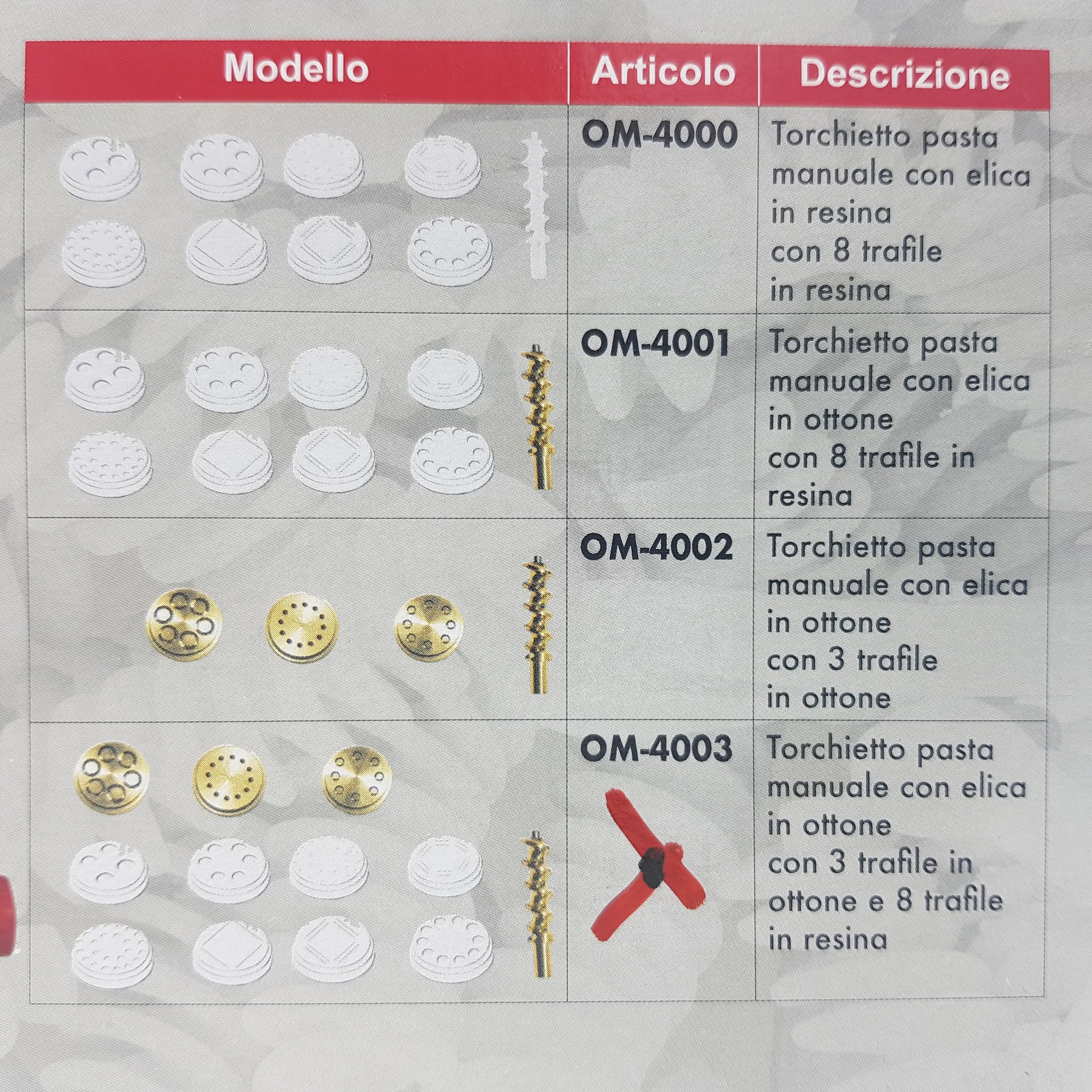 Torchietto pasta manuale con elica in ottone con 3 trafile in ottone e 8 trafile in resina Omra OMRA